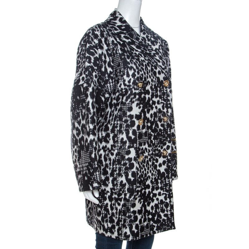 

Versace Monochrome Jacquard Wool Double Breasted Coat, Black