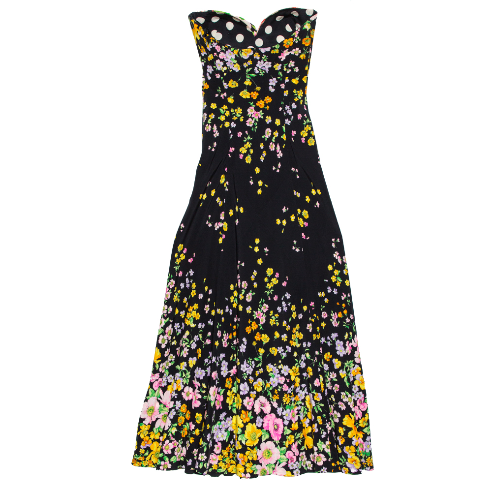 

Gianni Versace Couture Vintage Black Floral Print Strapless Dress