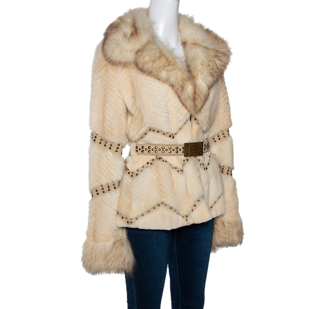 

Versace Cream Mink Fur Stud Embellished Belted Coat