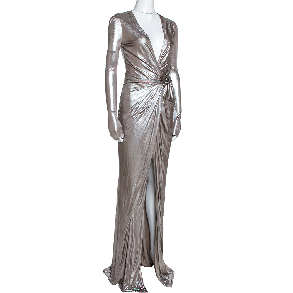 

Versace Silver Metallic Jersey Draped Wrap Dress