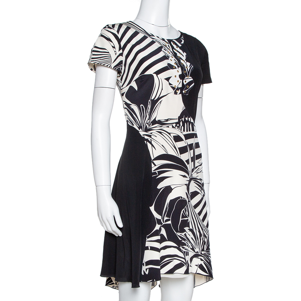 

Versace Black Printed Silk Asymmetric Knee Length Dress