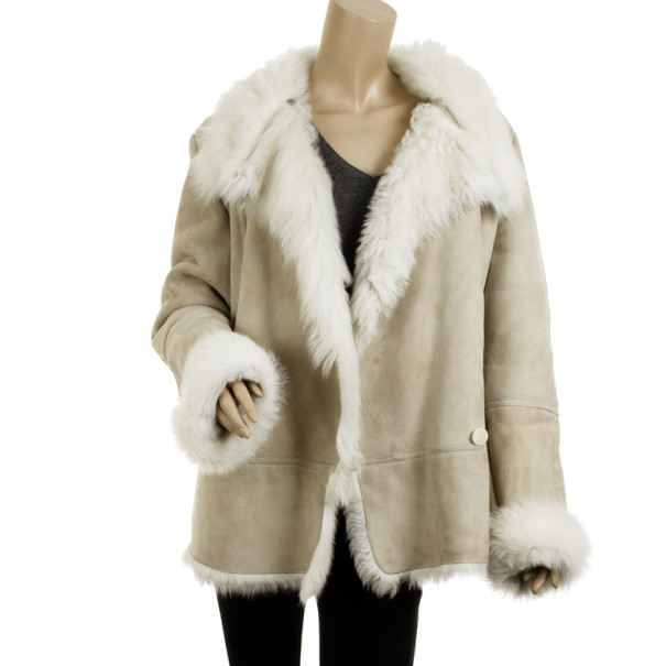 Pre Owned Versace Versus Beige Leather and Suede Fur Coat L