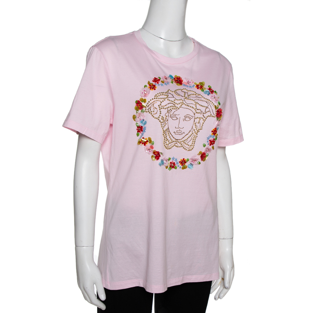 

Versace Pink Cotton Medusa Embellished Crew Neck T-Shirt