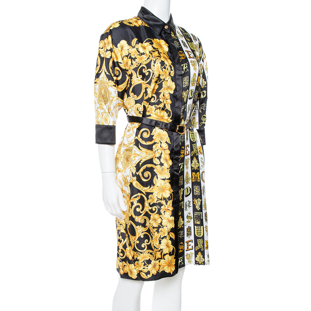 

Versace Black Hibiscus Print Silk Belted Shirt Dress