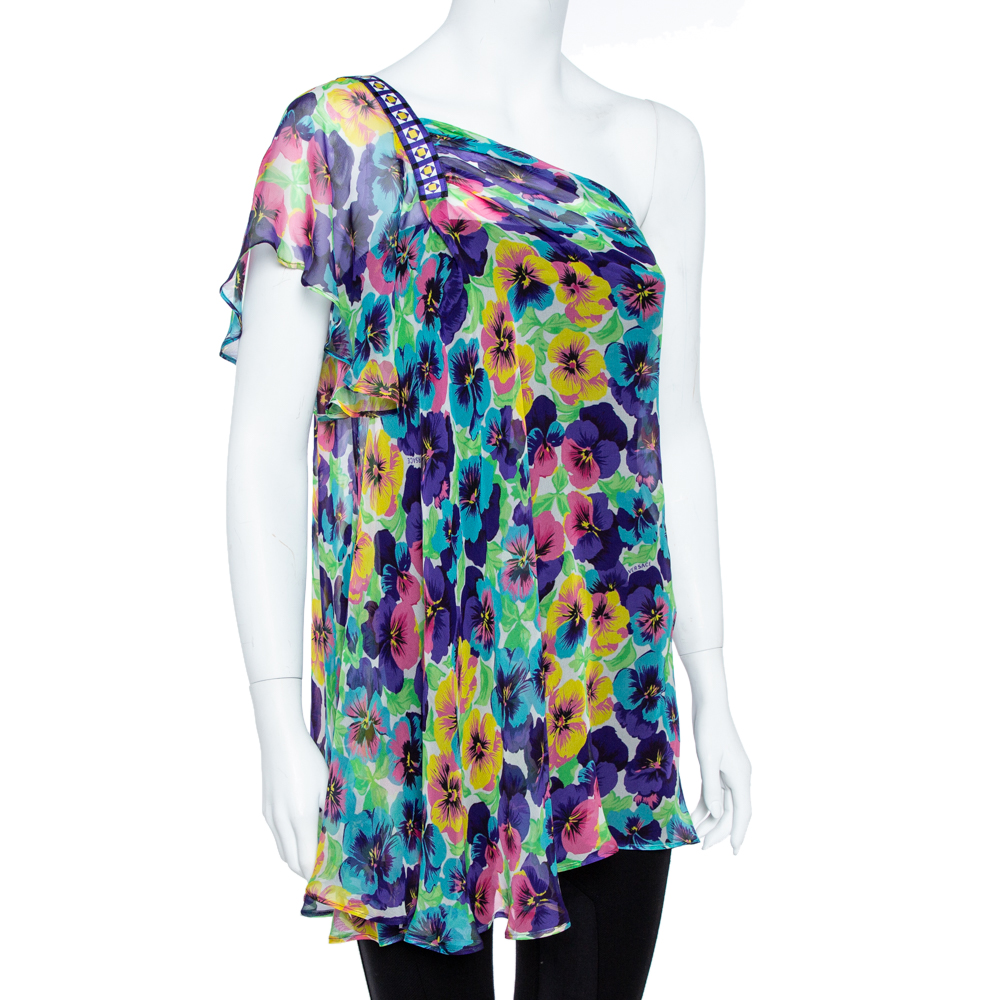 

Versace Multicolor Floral Print Silk Asymmetric Sleeve Blouse