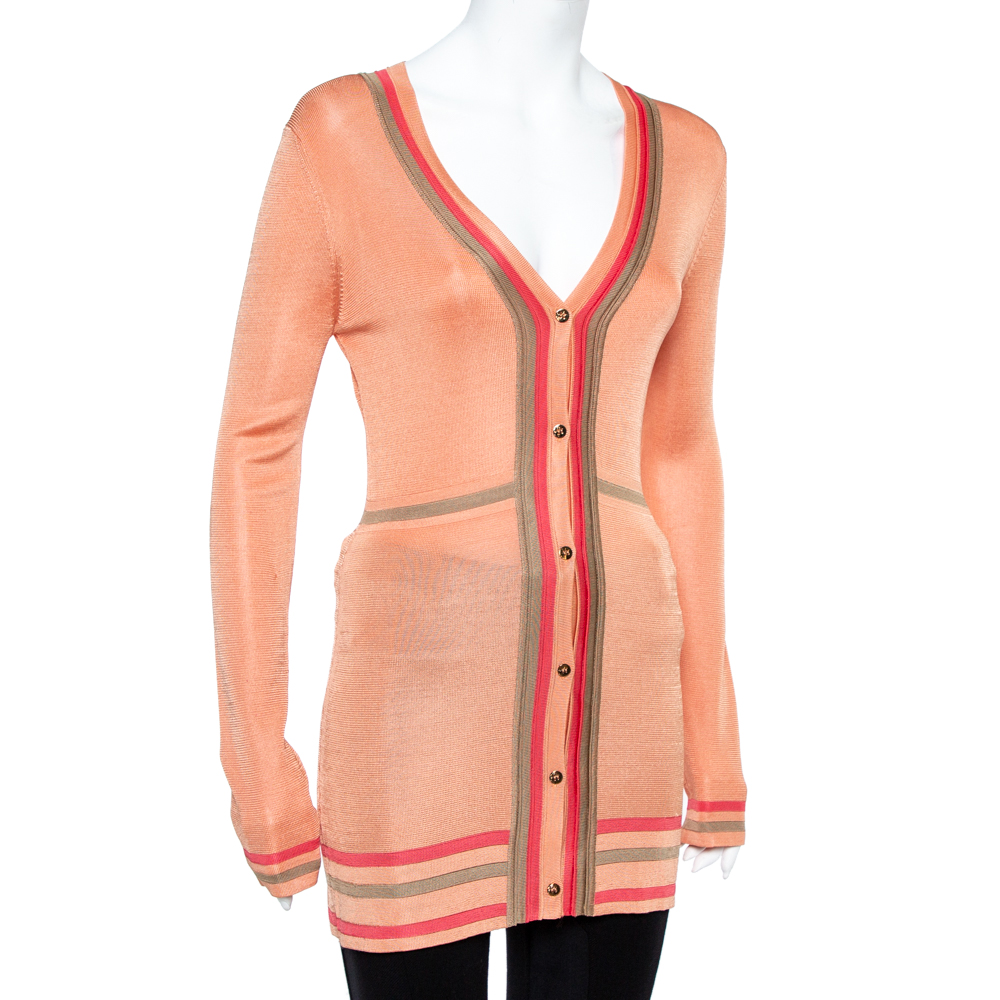 

Versace Peach Knit Striped Button Front Cardigan, Pink