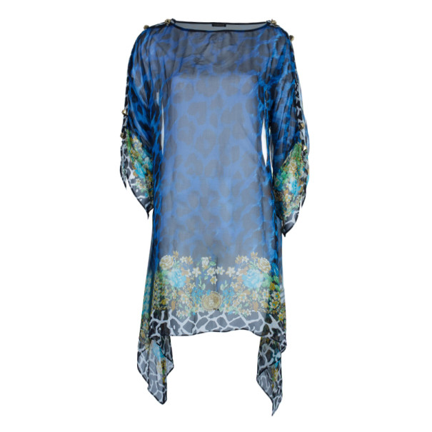 مملوكة مسبقًا Versace Blue Animal Floral Silk Top M