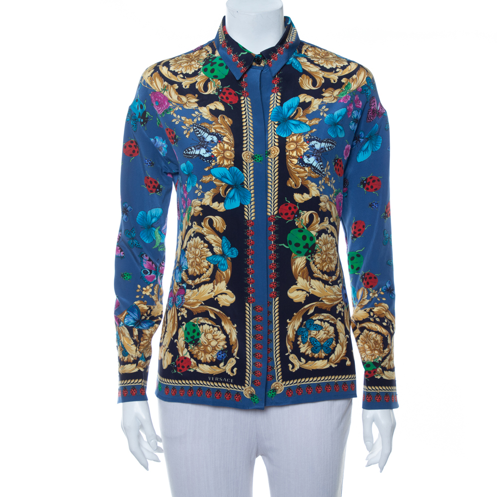 Pre-owned Versace Blue Baroque Butterfly & Ladybug Printed Silk Button Front Shirt S