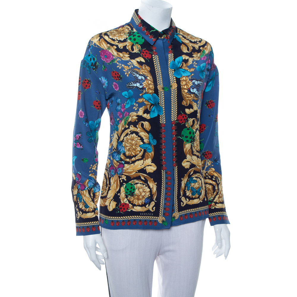 

Versace Blue Baroque Butterfly & Ladybug Printed Silk Button Front Shirt