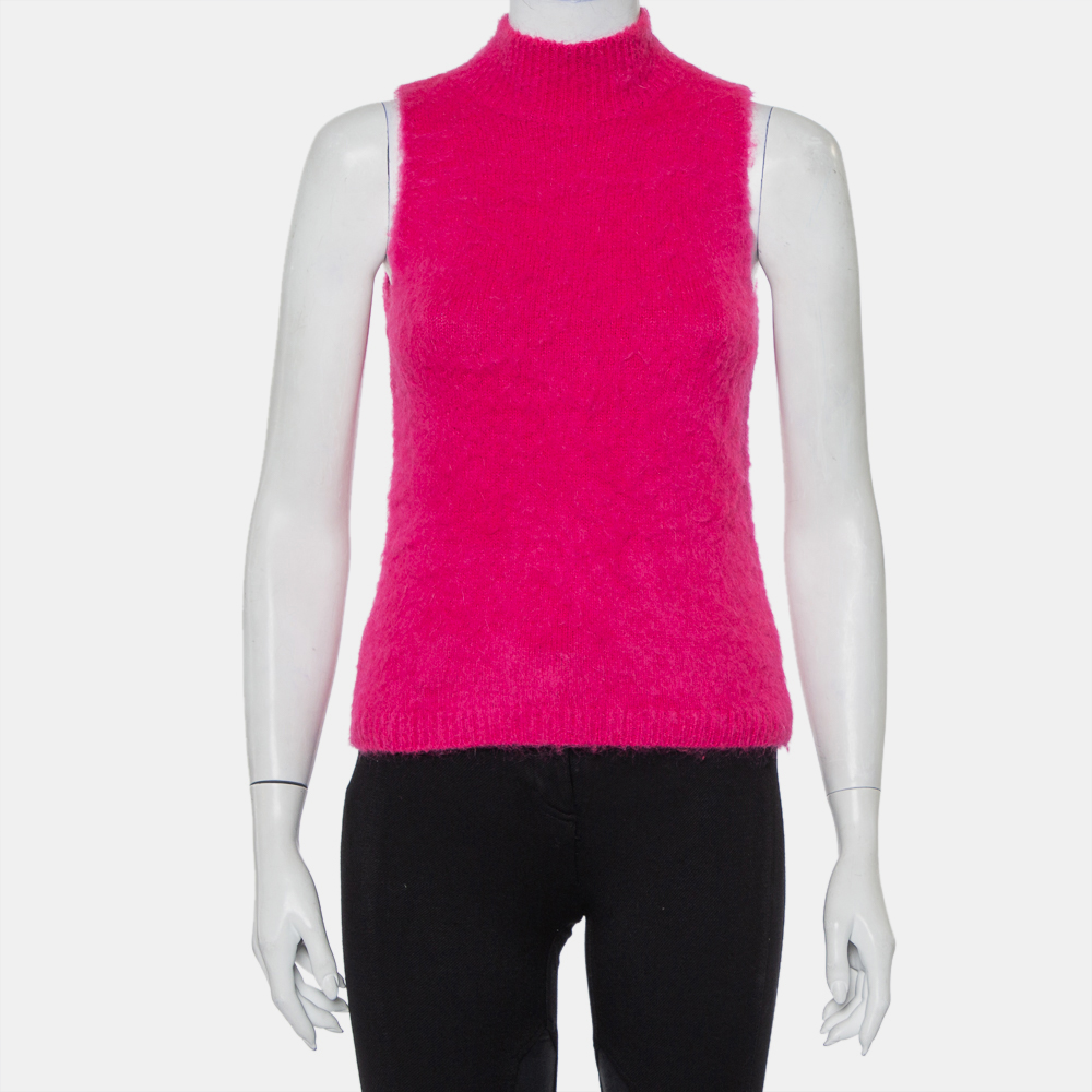 Pre-owned Versace Pink Mohair High Neck Sleeveless Tank Top M
