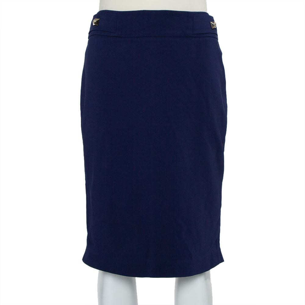 Pre-owned Versace Navy Blue Stretch Crepe Medusa Button Detail Pencil Skirt S