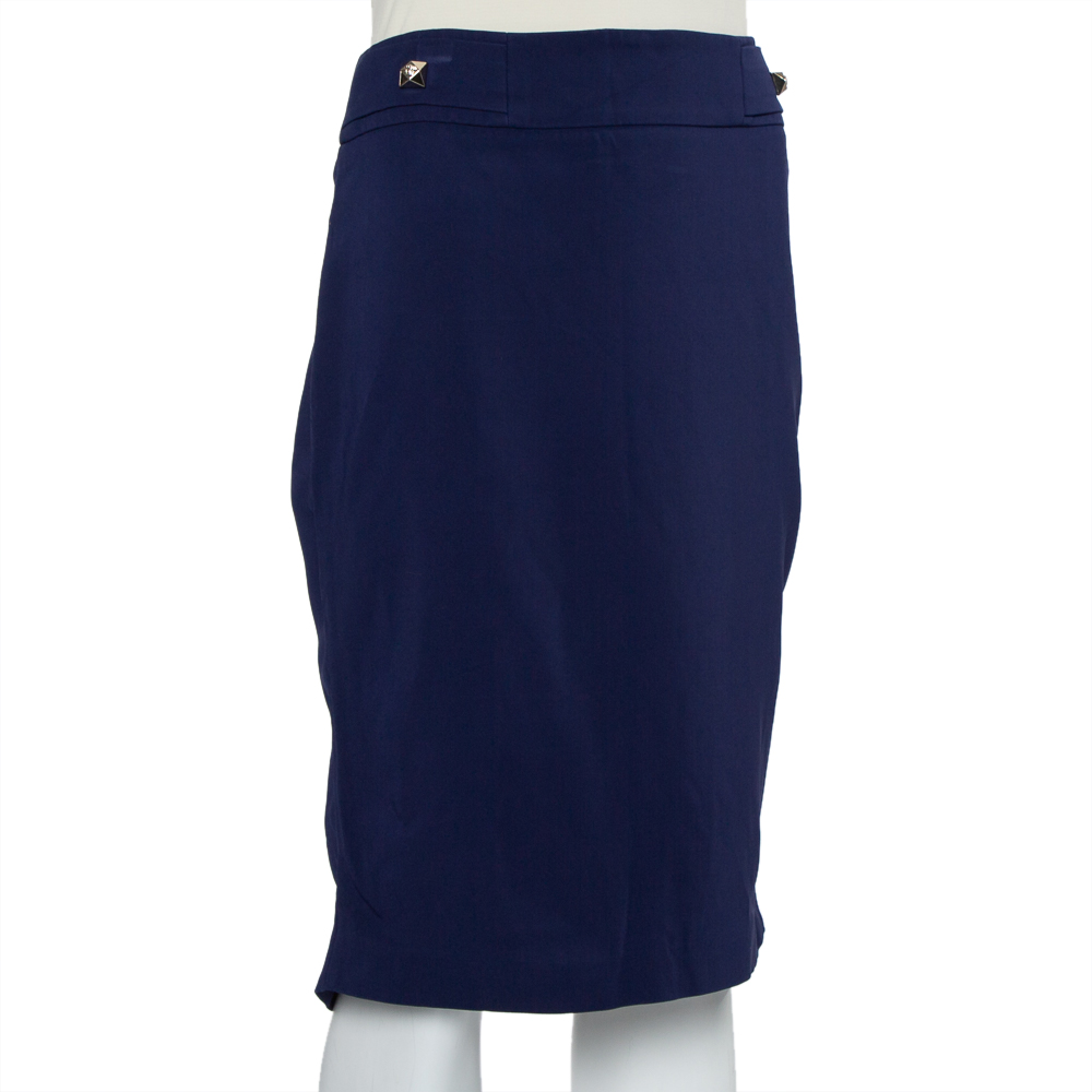

Versace Navy Blue Stretch Crepe Medusa Button Detail Pencil Skirt