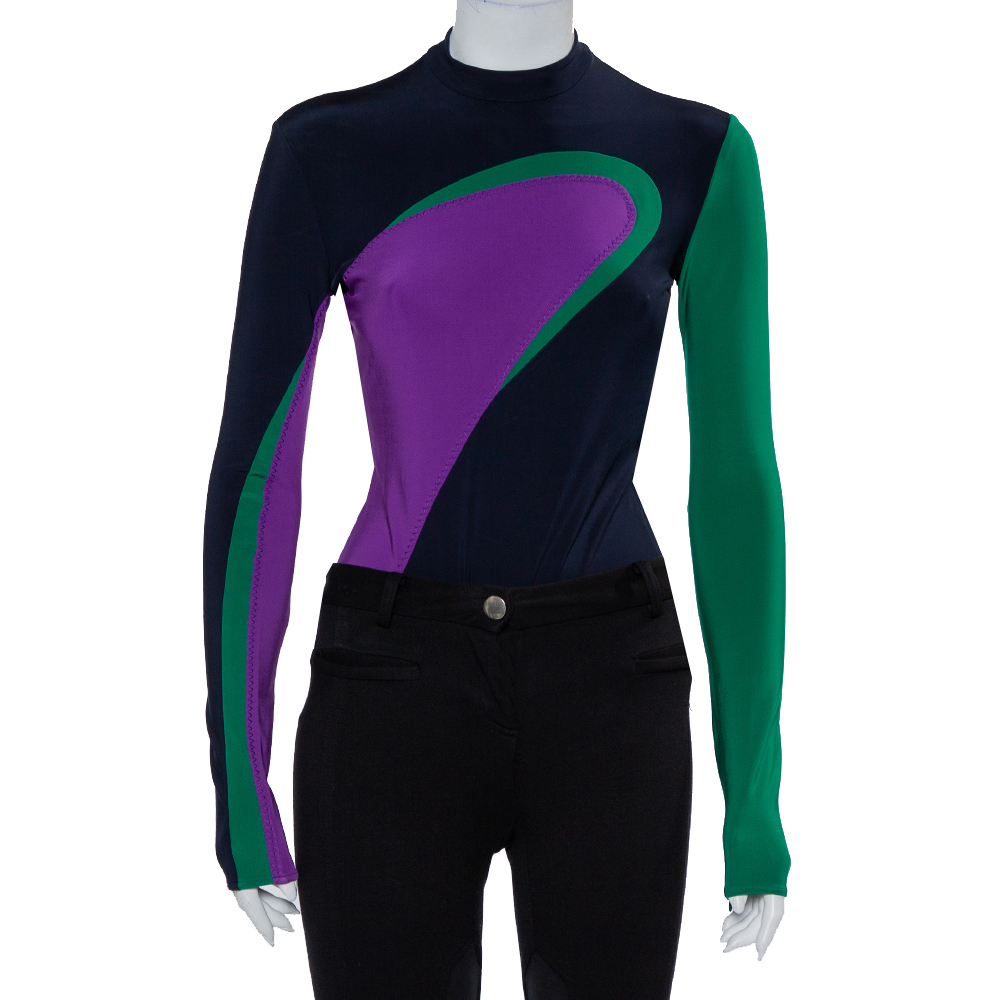 Pre-owned Versace Color Block Knit Long Sleeve High Neck Bodysuit S In Multicolor
