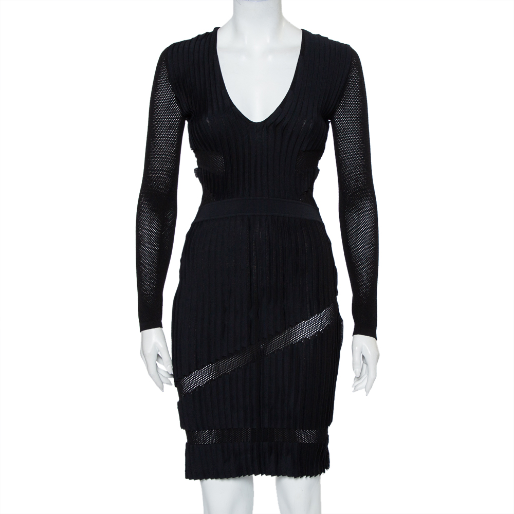 Pre-owned Versace Black Perforated Knit Plunge Neck Sheath Dress S