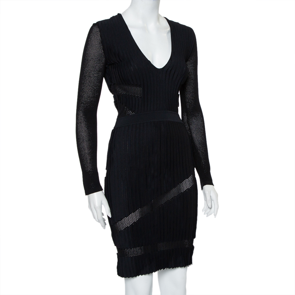 

Versace Black Perforated Knit Plunge Neck Sheath Dress