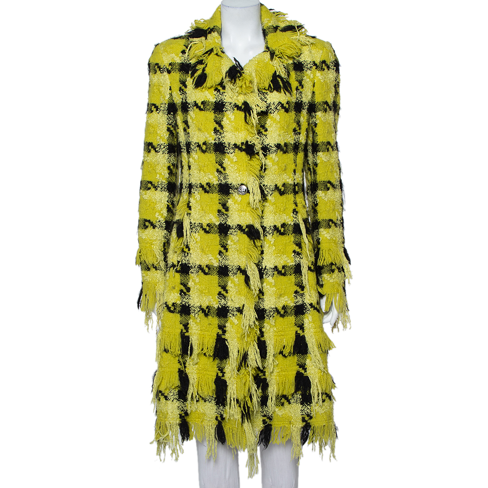 Pre-owned Versace Yellow Checkered Tweed Fringed Detail Collared Coat M