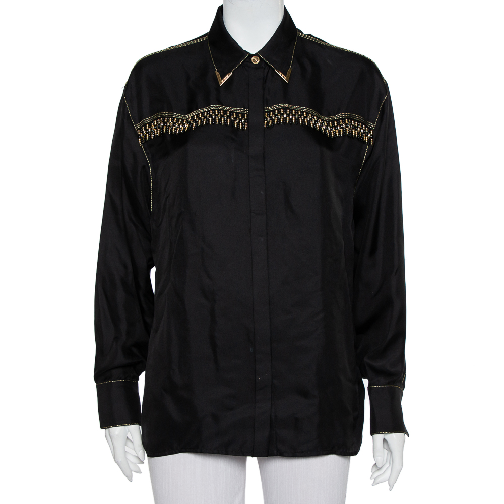 Pre-owned Versace Tribute Black & Gold Embellished Silk Button Front Shirt M