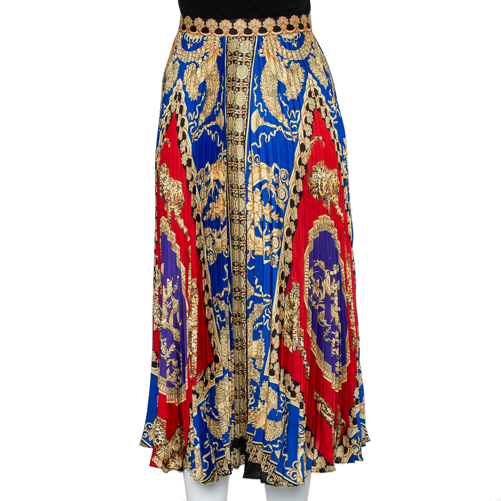Pre-owned Versace Multicolored Printed Satin Pleated Midi Skirt L
