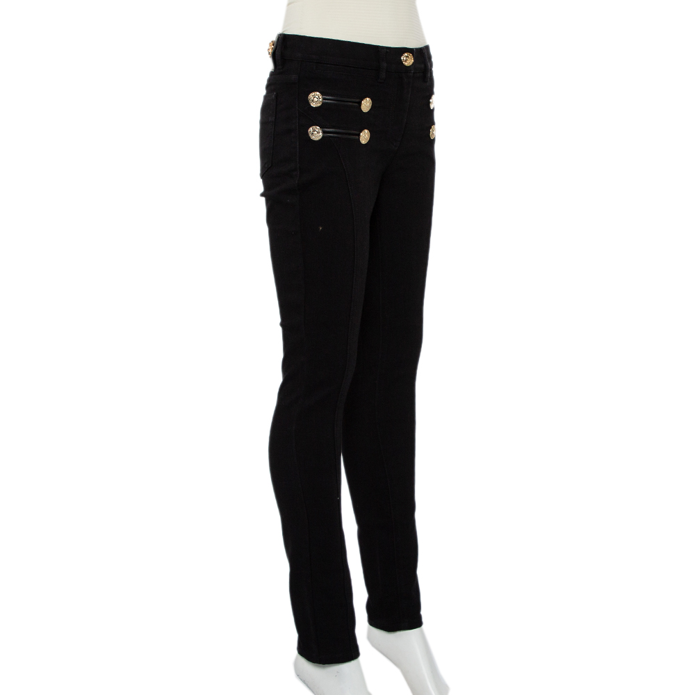 

Versace Black Denim Button Embellished Paneled Jeans