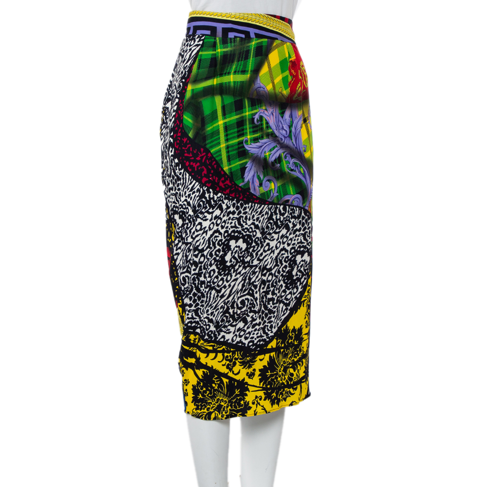

Versace Multicolor Mega Mix Print Crepe Knee Length Skirt