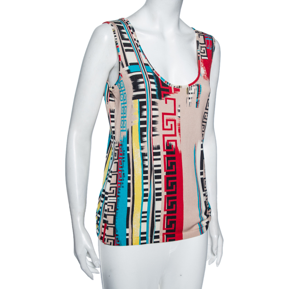 

Versace Multicolored Greca Print Silk Knit Tank Top, Multicolor