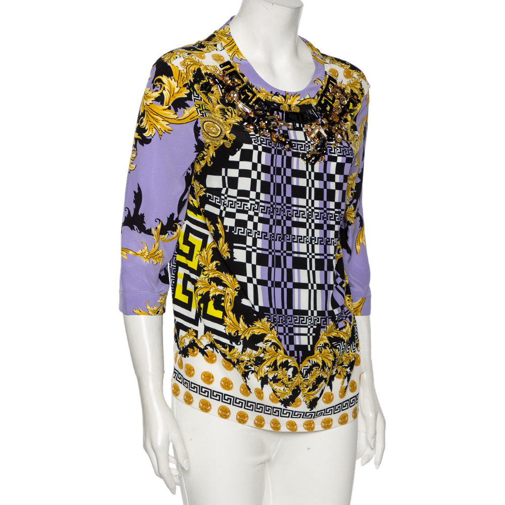 

Versace Multicolored Baroque Print Silk Embellished Blouse, Multicolor