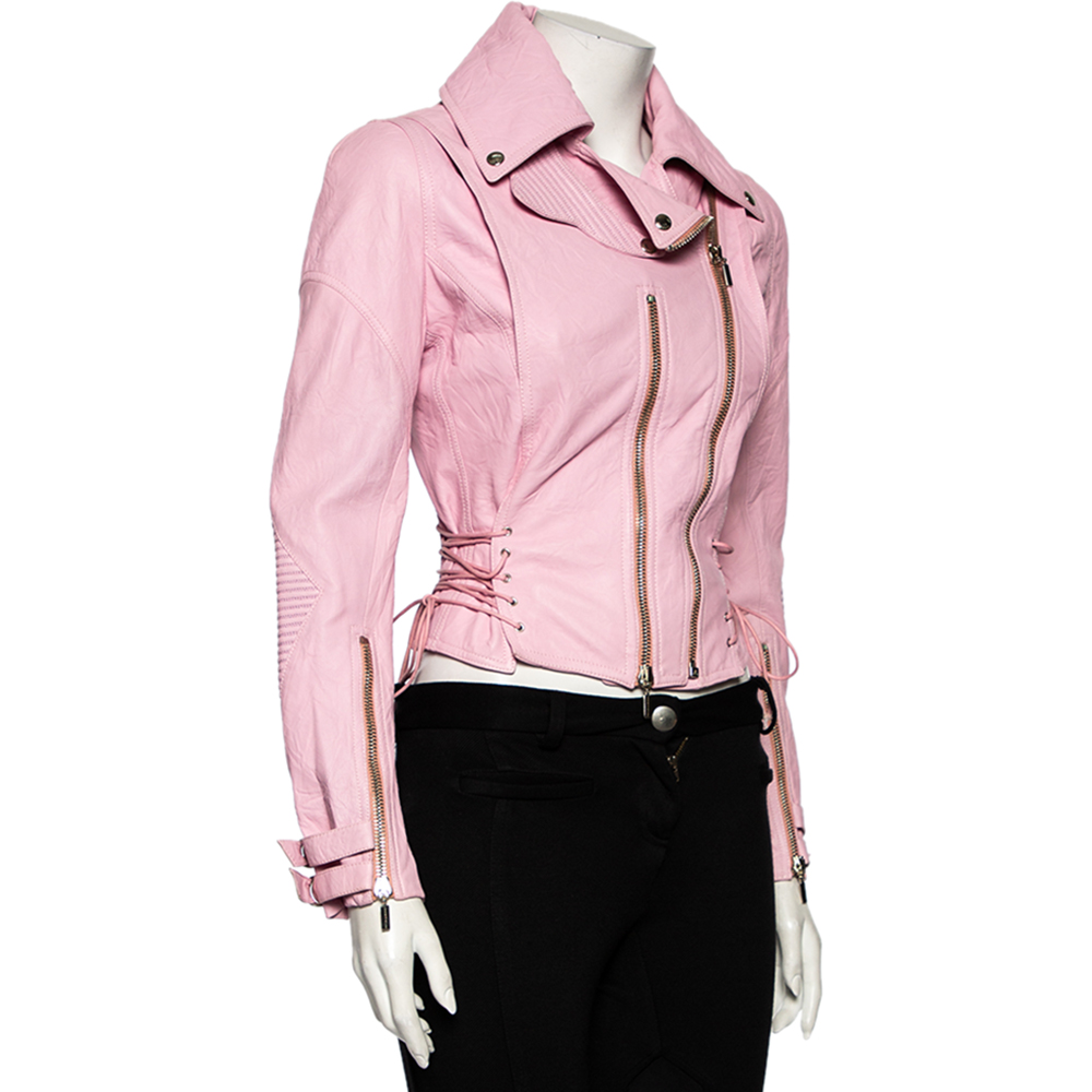 

Versace Pink Leather Cross Tie Detailed Biker Jacket