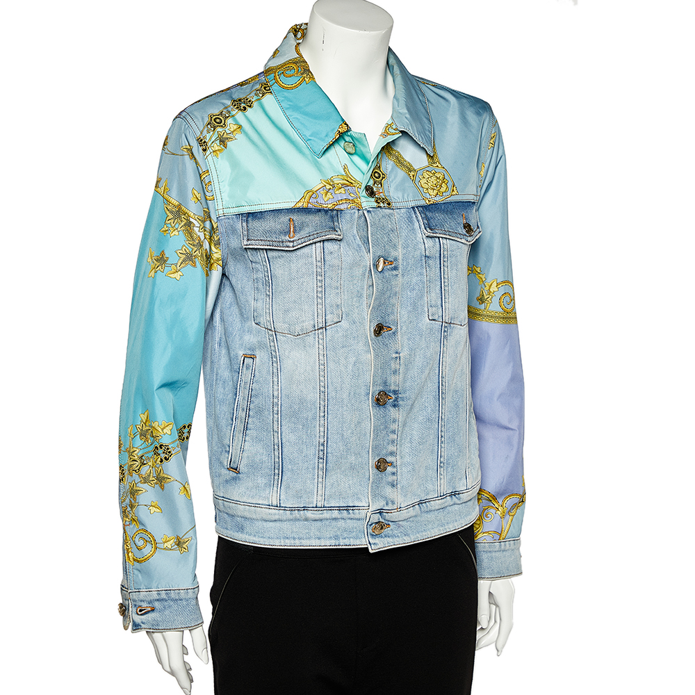 

Versace Collection Blue Denim & Printed Synthetic Paneled Jacket