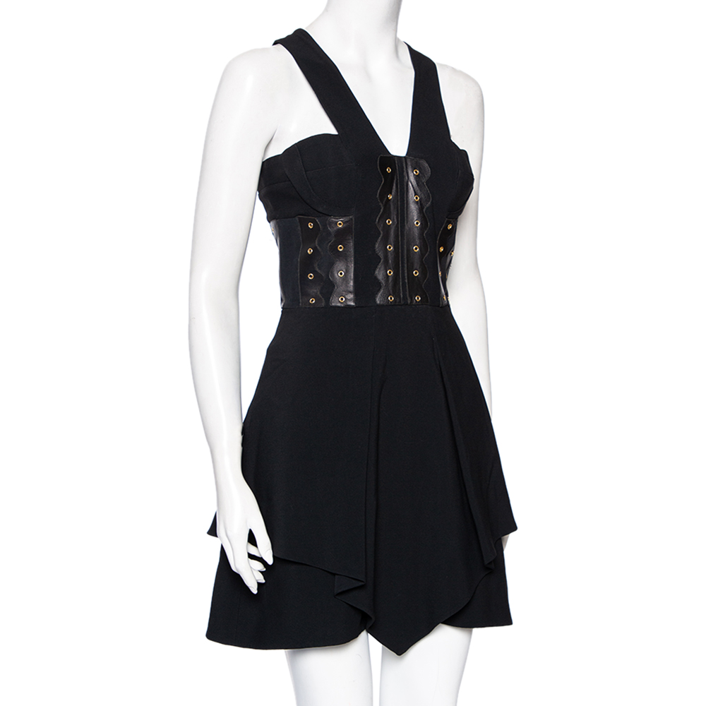 

Versace Black Crepe Eyelet Leather Trim Detailed Sleeveless Short Dress