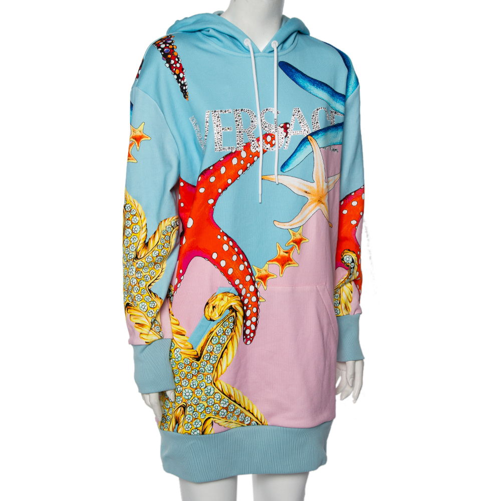 

Versace Multicolor Embellished Logo Star Fish Printed Cotton Hooded Sweater Dress