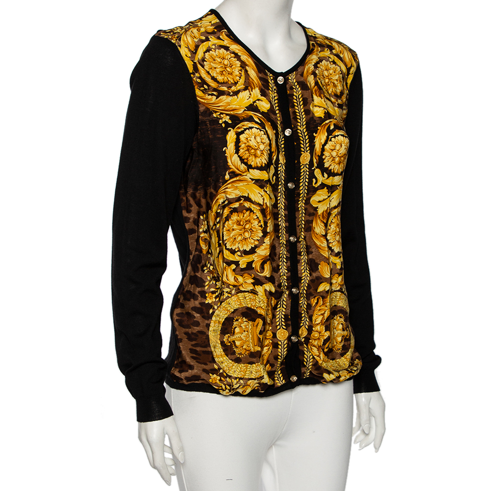 

Versace Wool Knit & Baroque Printed Silk Paneled Button Front Cardigan, Black