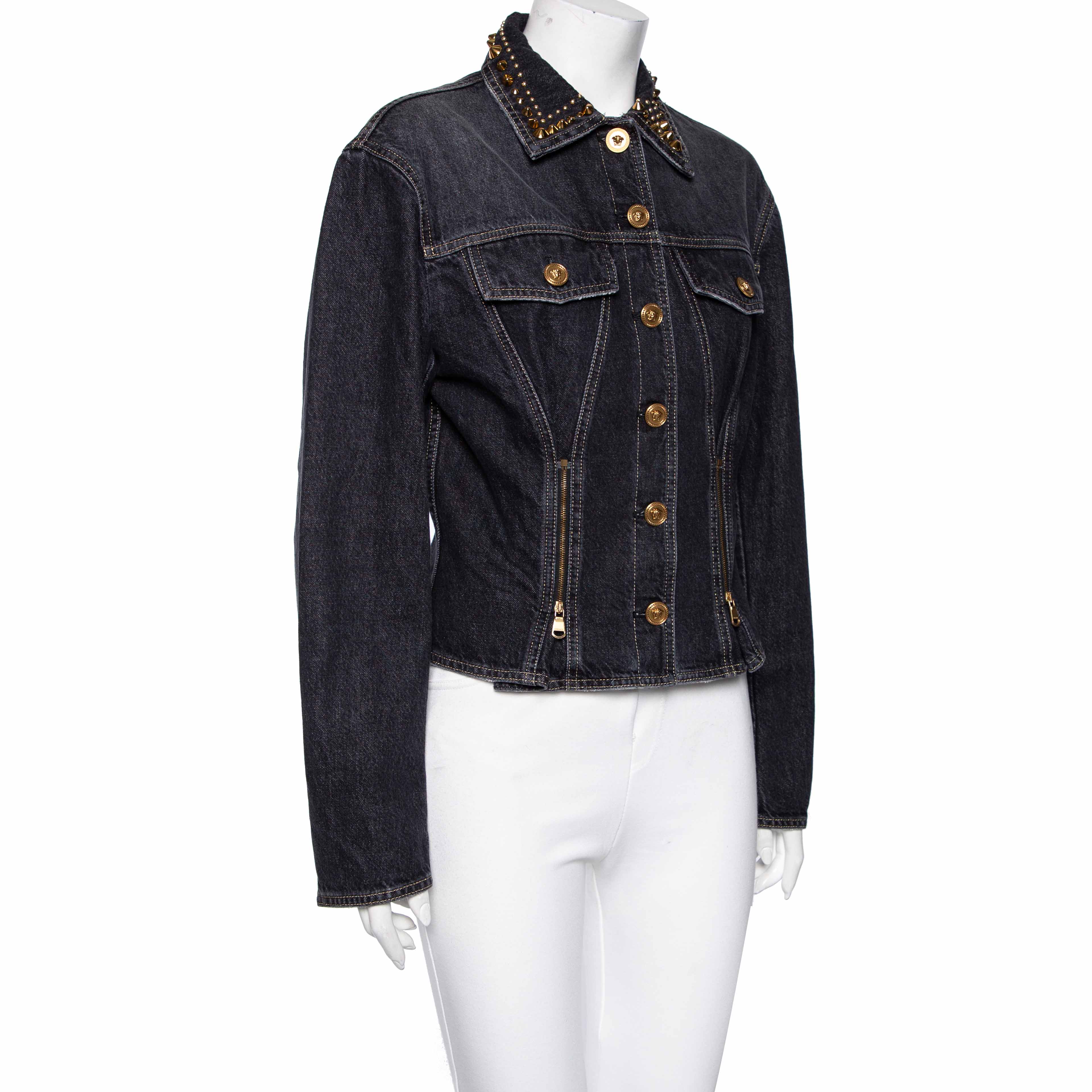 

Versace Charcoal Grey Denim Rockstud Detail Button Front Jacket
