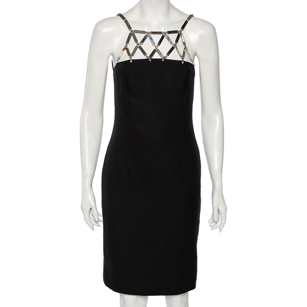 Pre-owned Versace Black Silk Crepe & Metal Chain Detailed Dress S