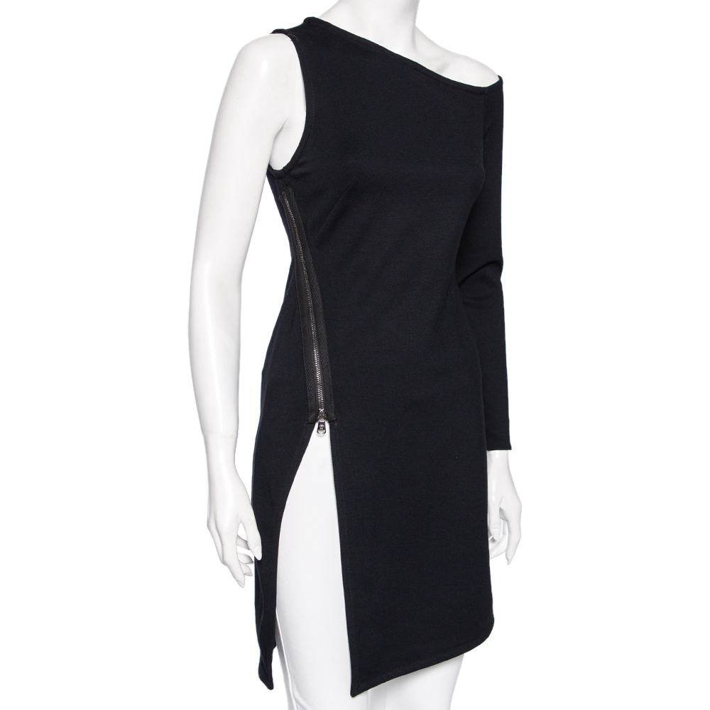 

Versace Black Stretch Knit Slit Detail Asymmetric One-Sleeve Dress