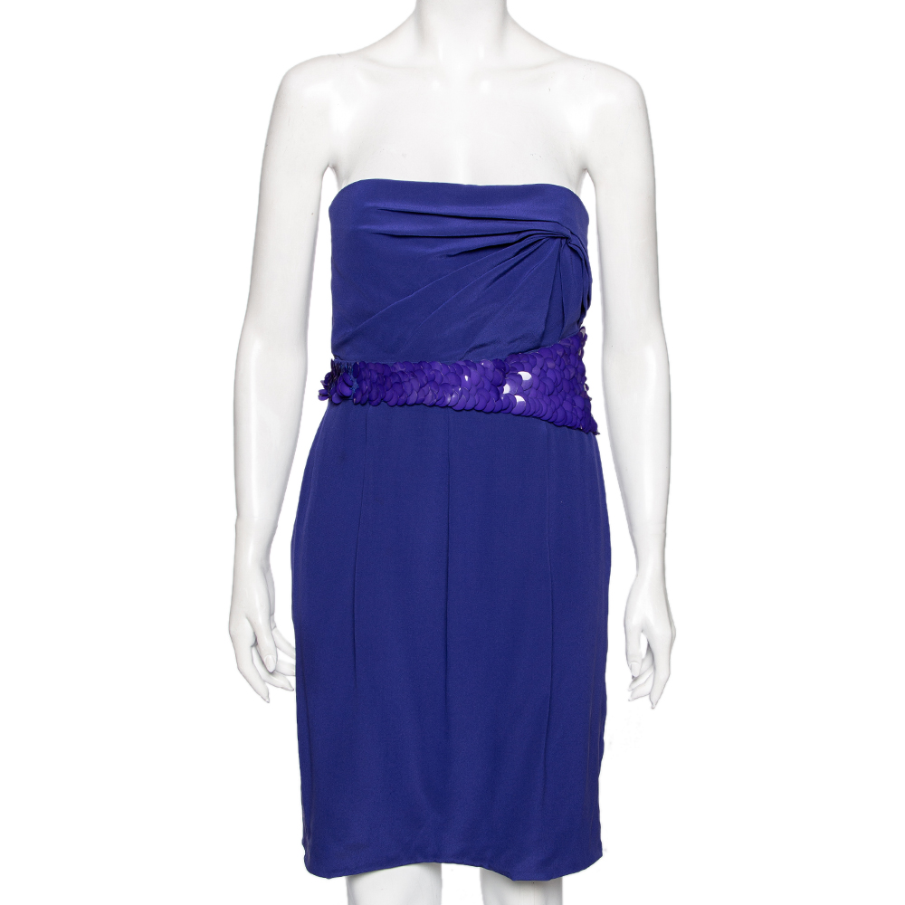 

Versace Blue Crepe Embellished Detail Strapless Mini Dress