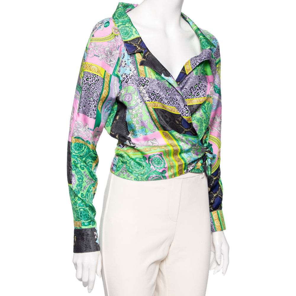 

Versace Multicolored Baroque Patchwork Print Silk Cropped Top, Multicolor