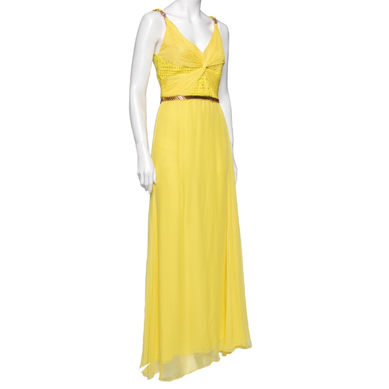 

Versace Yellow Silk & Laser Cut Bodice Detailed Belted Dress