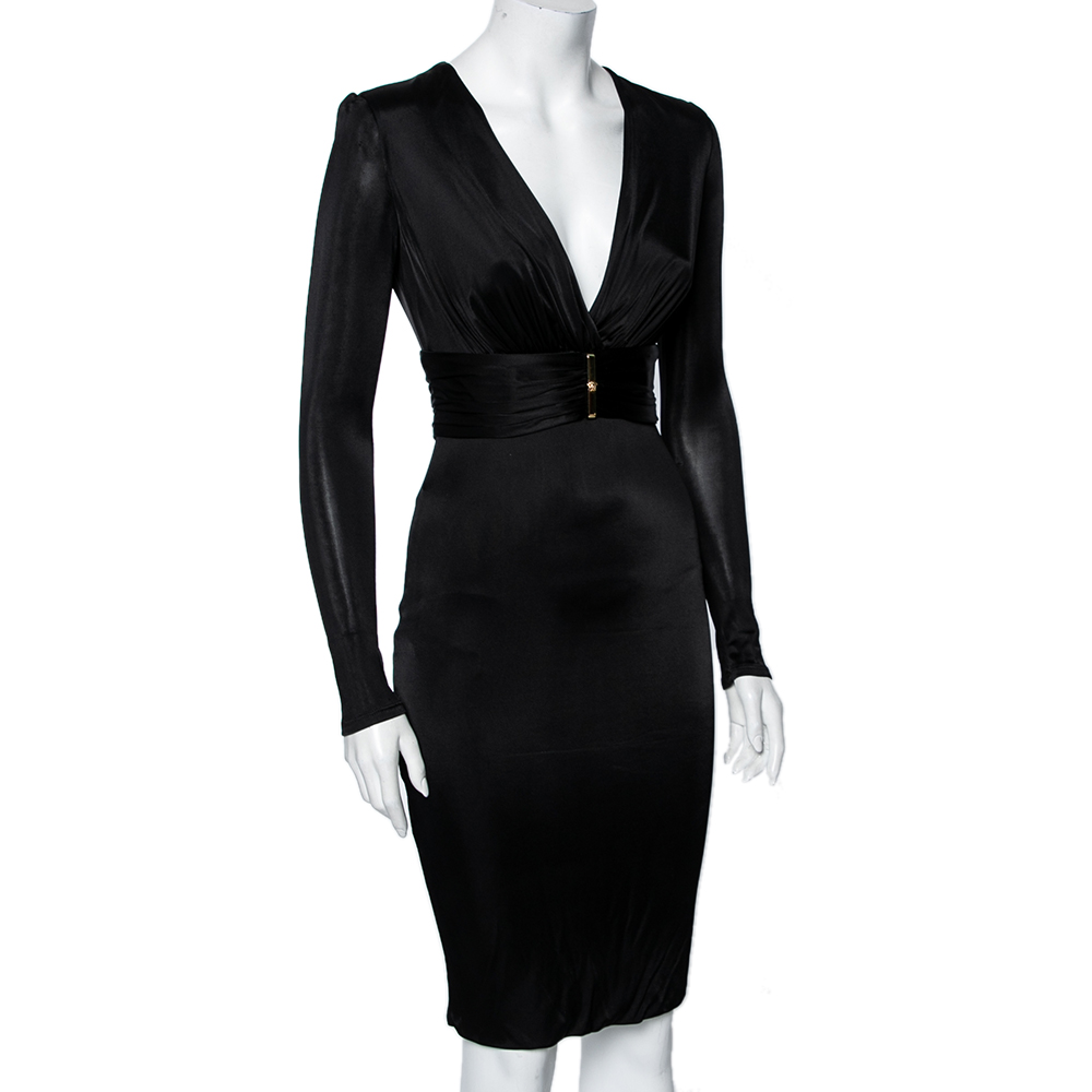 

Versace Black Jersey Deep V-Neck Belted Dress