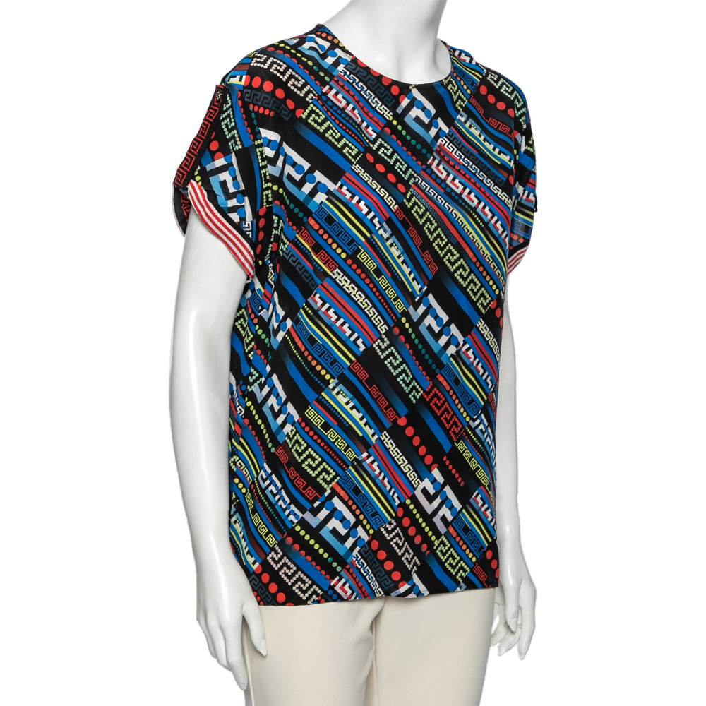 

Versace Multicolor La Greca Printed Silk Crew Neck Short Sleeve Blouse