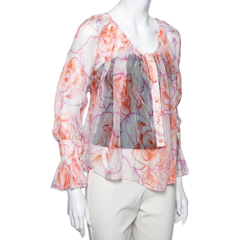 

Versace Orange Rose Printed Silk Button Front Long Sleeve Blouse