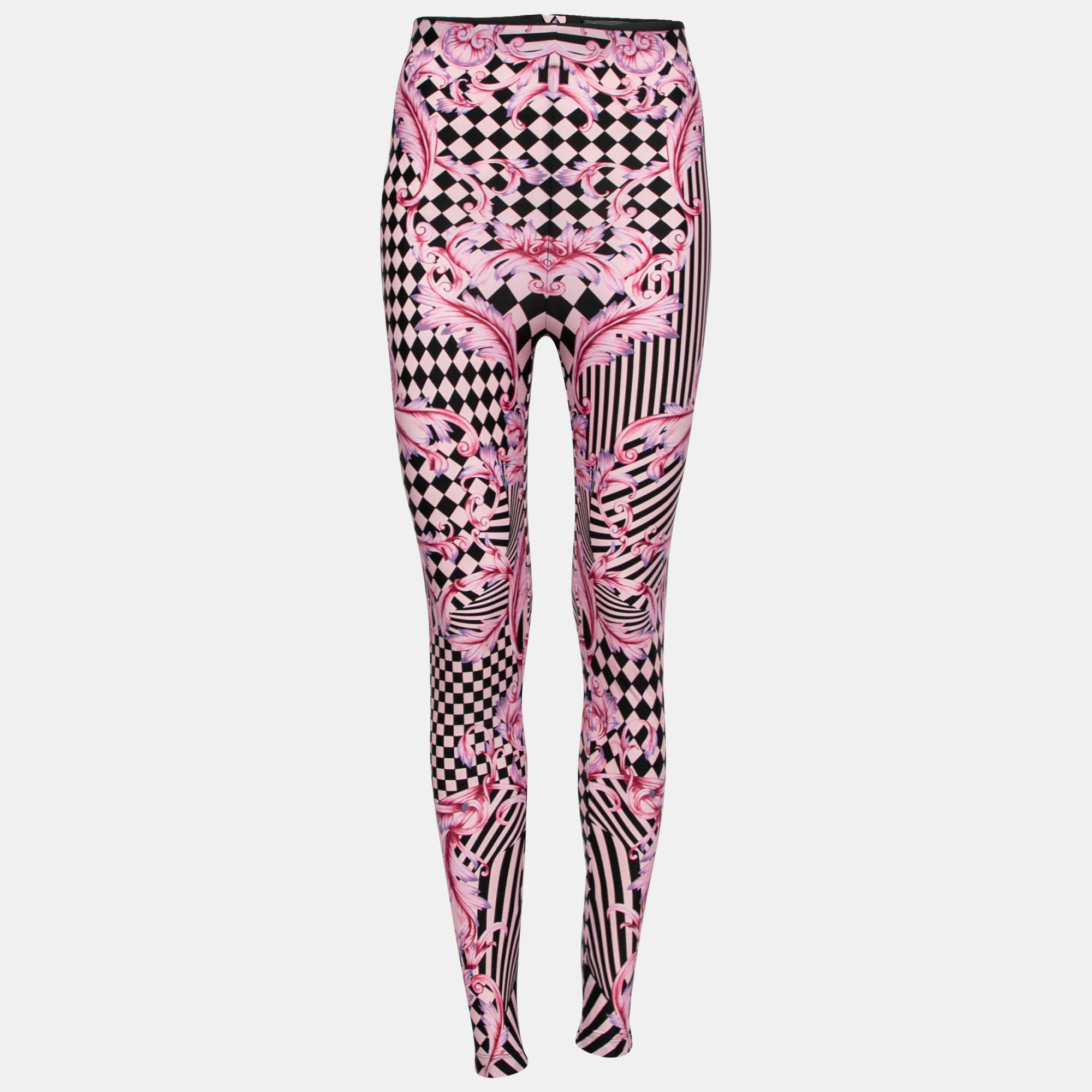 Pre-owned Versace Pink Stretch Knit Striped & Baroque Print Leggings S