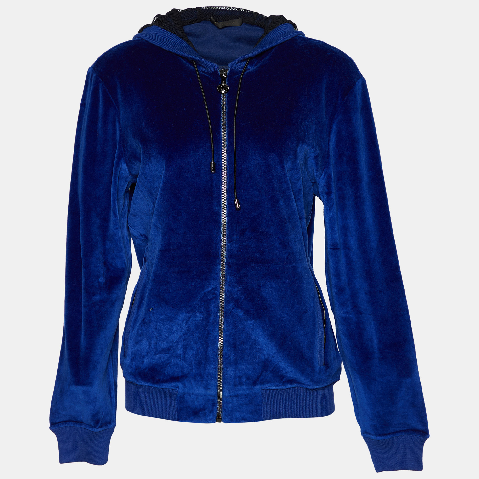 Pre Owned Versace Blue Velvet Medusa Applique Hooded Jacket XS