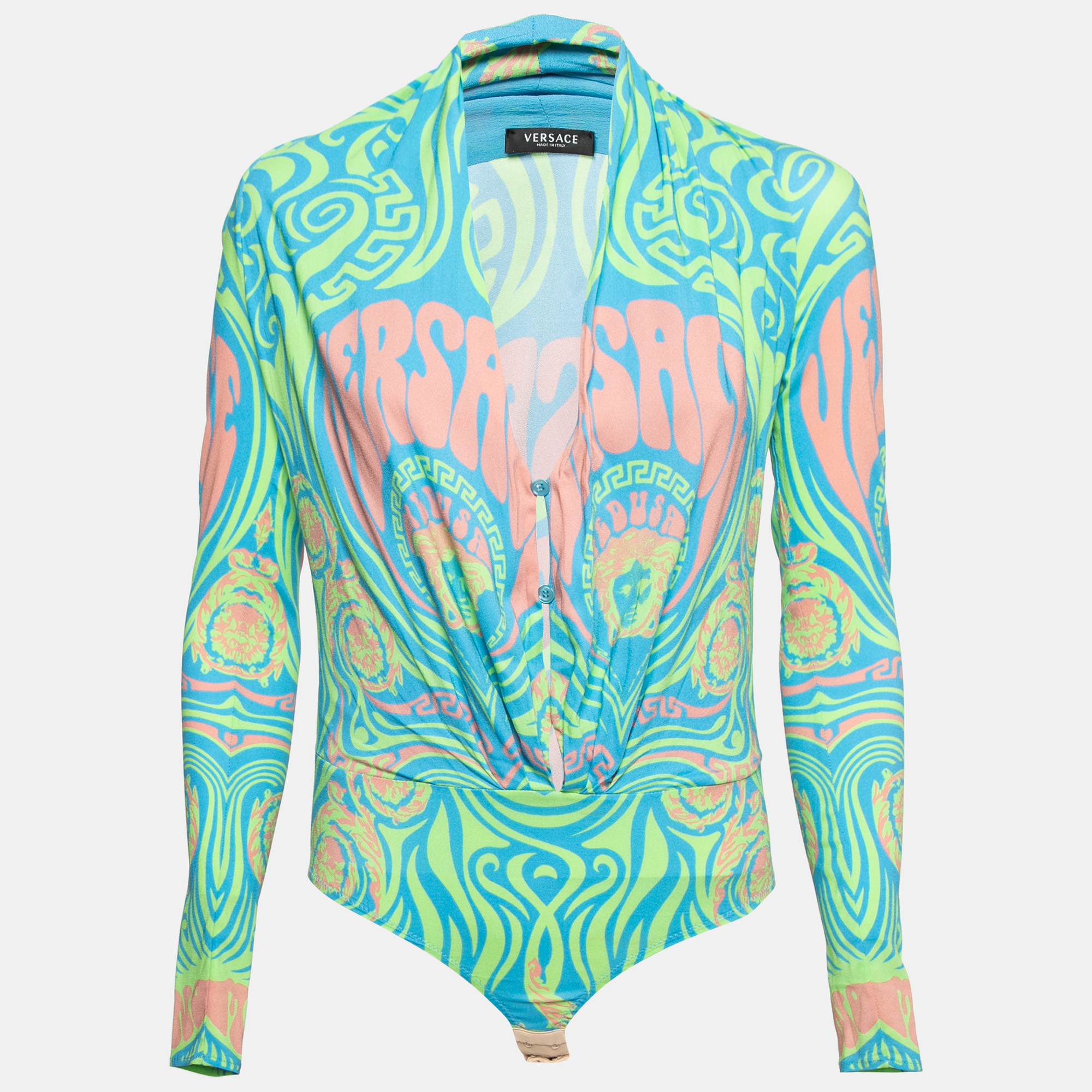 Pre Owned Versace Green Printed Crepe Long Sleeve Bodysuit S