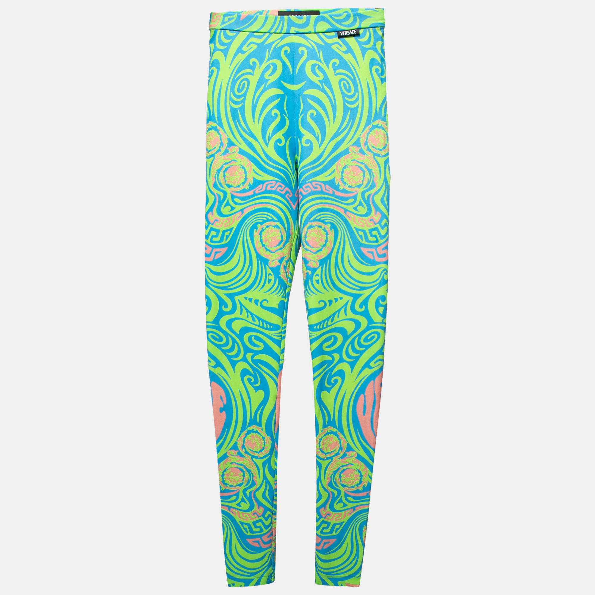 Pre-owned Versace Green Printed Stretch Knit Leggings Xs