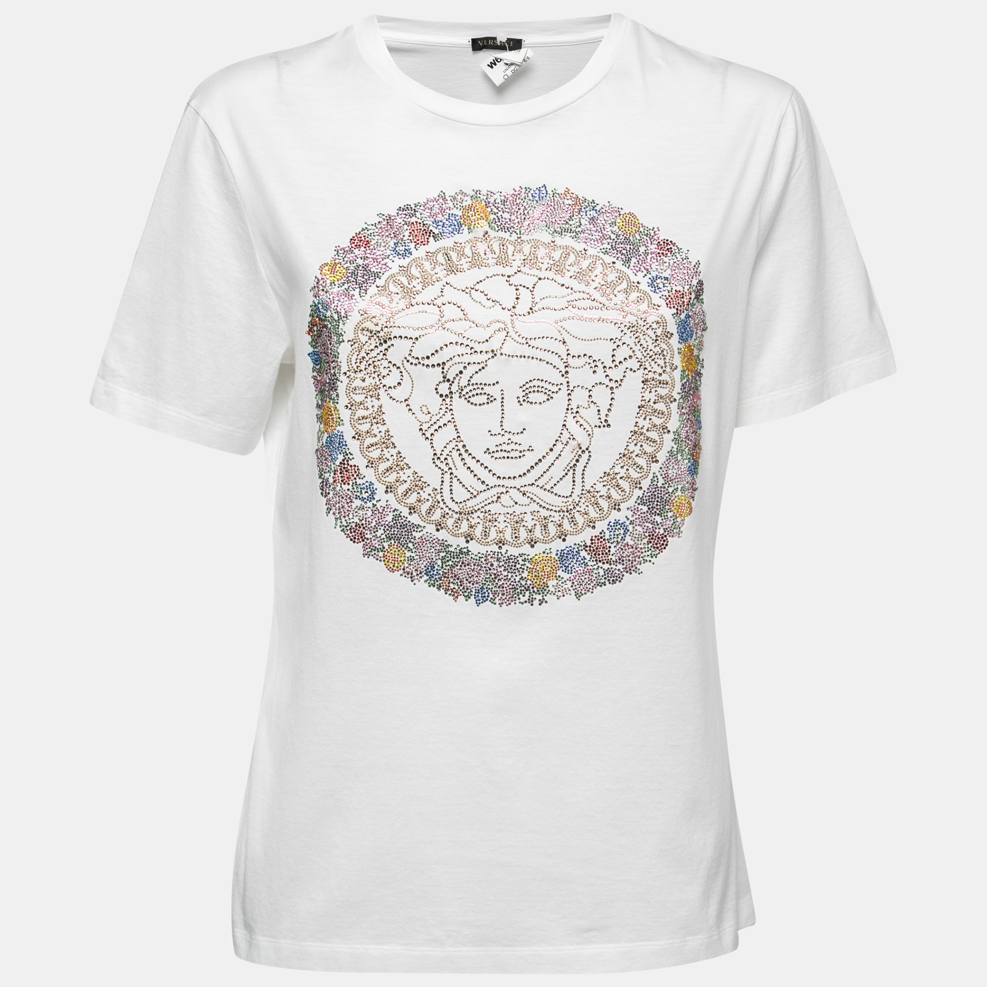 Pre Owned Versace White Cotton Medusa Embellished Short Sleeve T-Shirt S