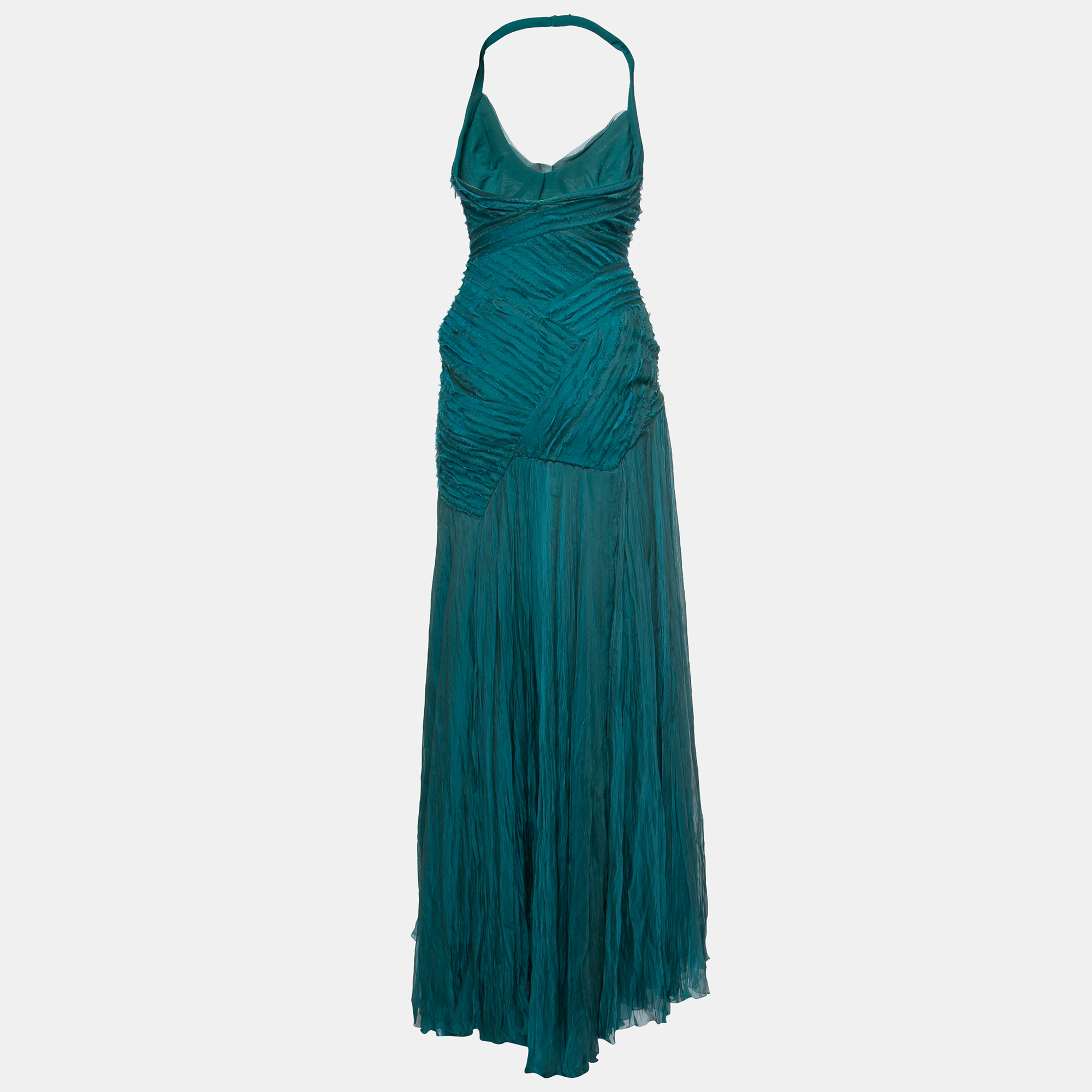

Versace Teal Blue Crinkled Chiffon Raw-Edge Detail Gown Dress