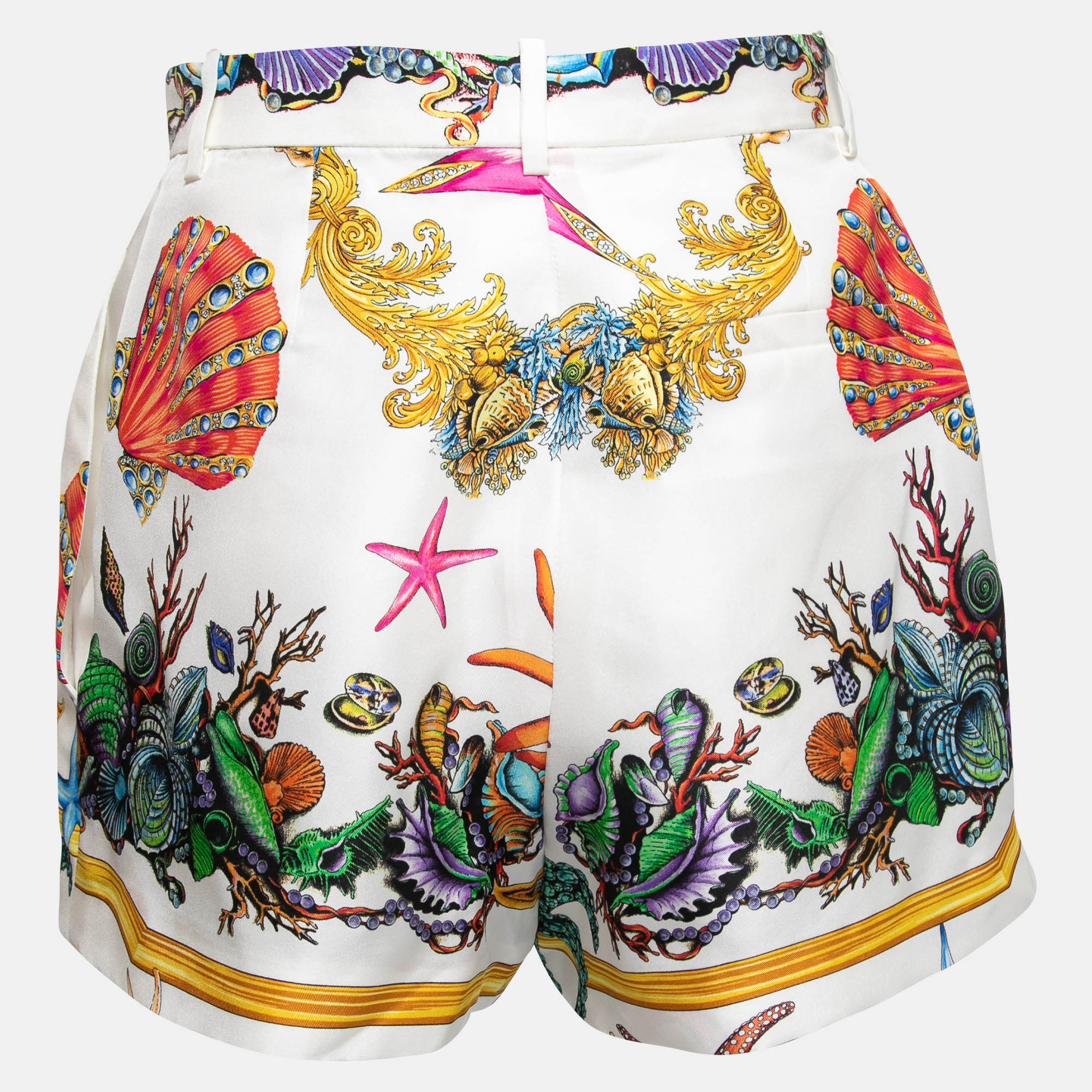 

Versace White Ocean Baroque Printed Silk High Waist Shorts
