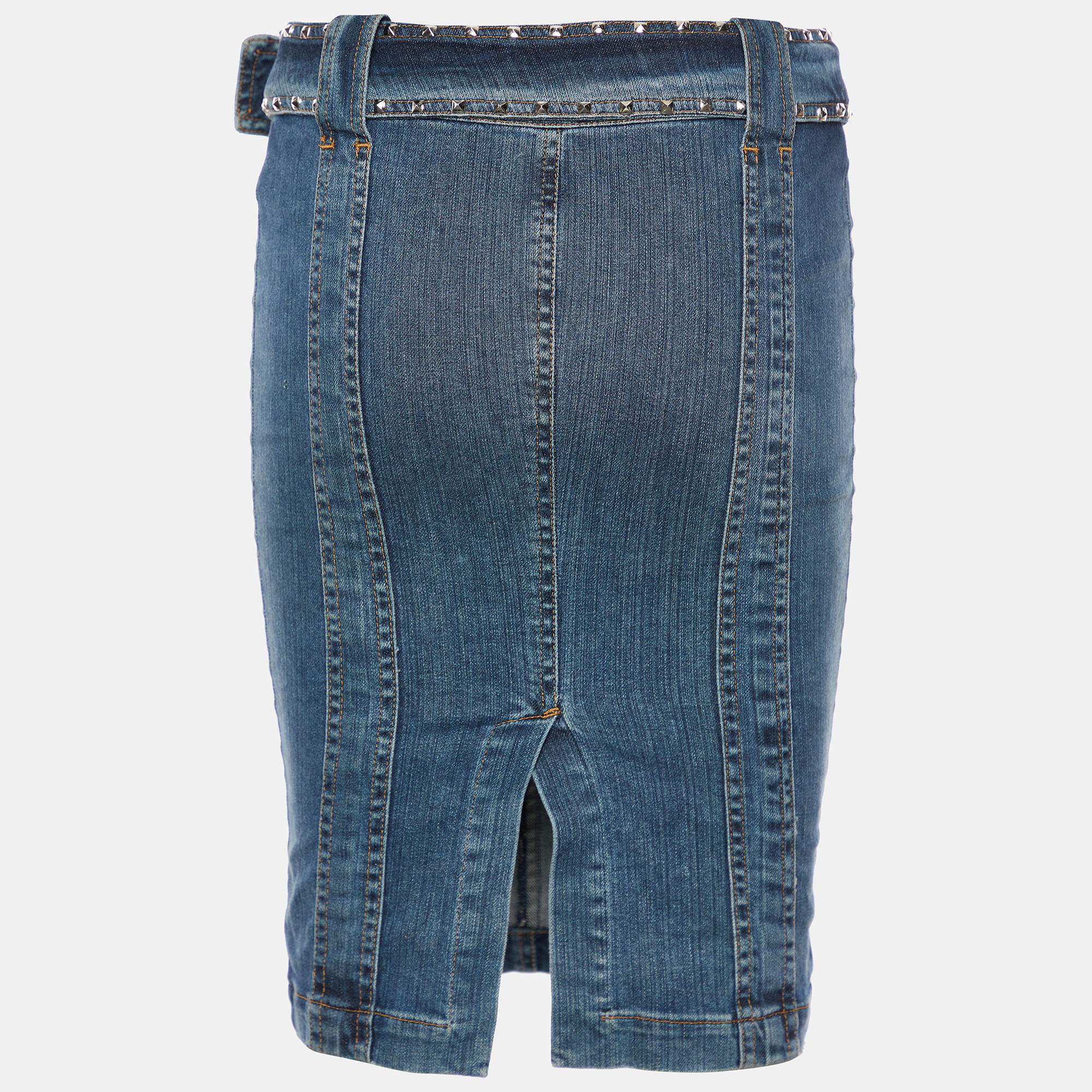 

Versace Blue Denim Studded Belt Detail Mini Skirt