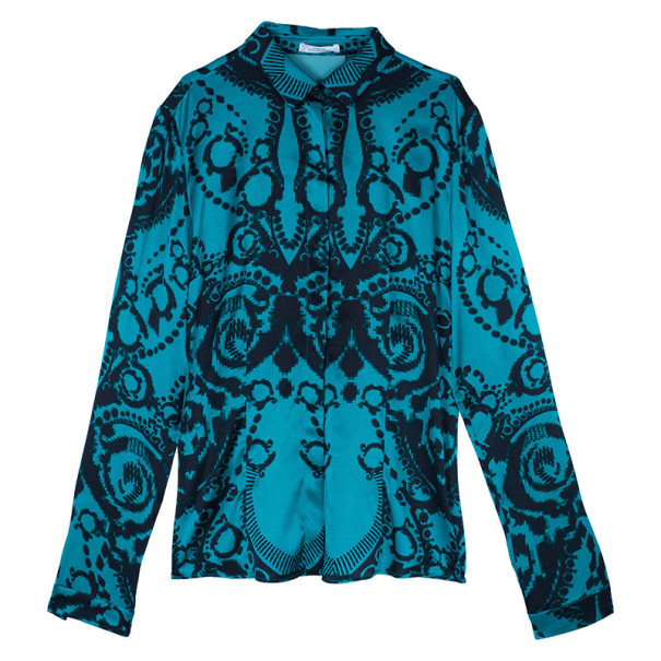 Pre Owned Versace Green Pixel Printed Silk Shirt L