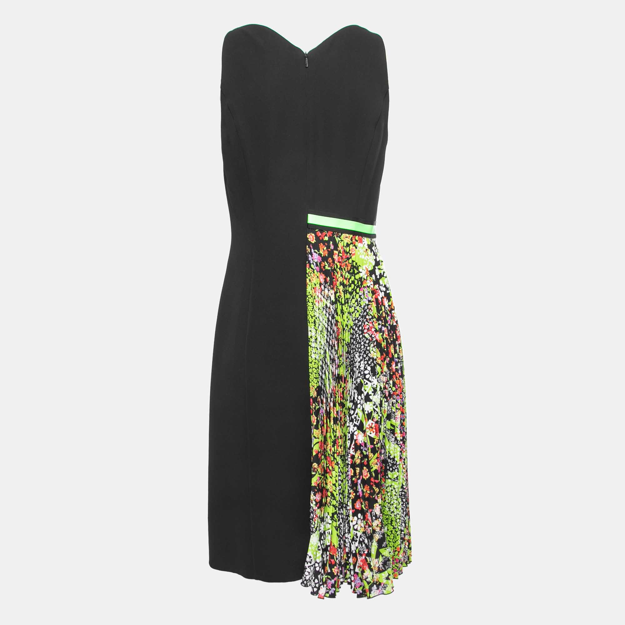 

Versace Black/Green Printed Silk Pleat Detail Sleeveless Midi Dress